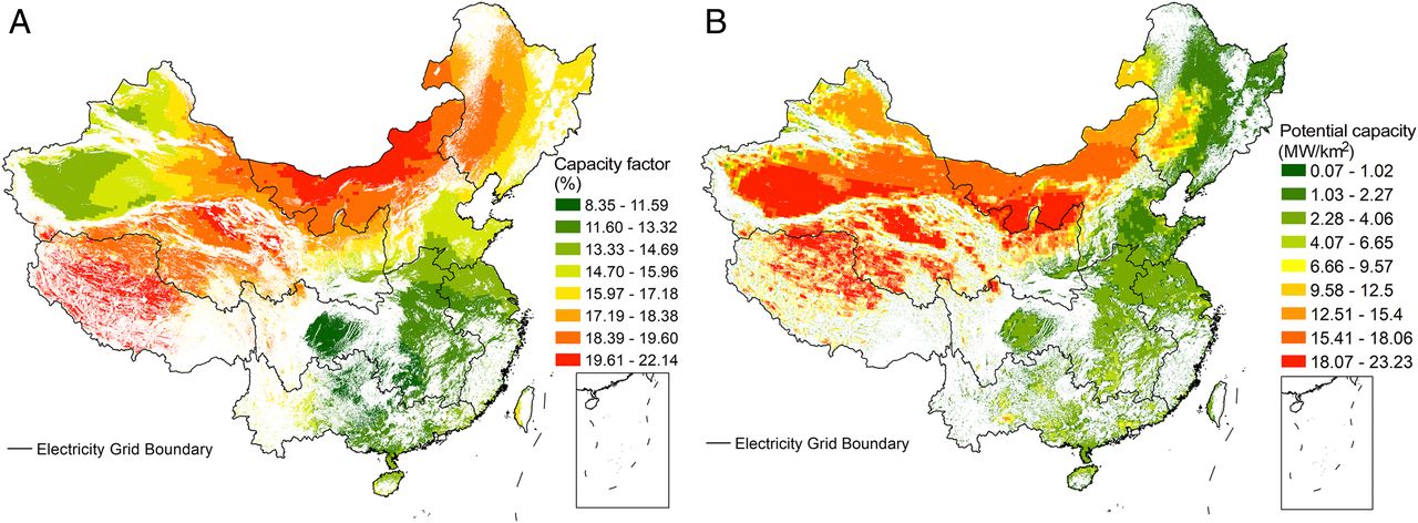 20211012-beat365官方唯一入口环境学院、碳中和研究院、哈佛大学等联合团队系统解析我国太阳能发电平价路径与并网潜力-鲁玺-图1 光伏发电容量因子（A）及装机潜力（B）分布.jpg